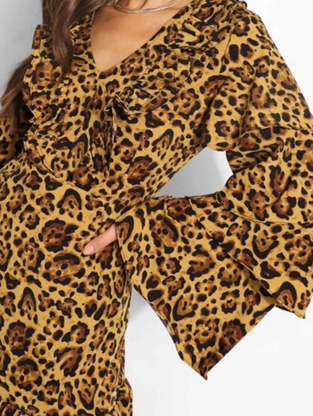 Boohoo Leopard Ruffle Tiered Long-Sleeve Mini Dress - Brown - Picture 4 of 6